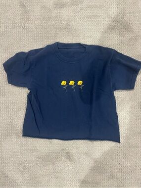 Brandy Melville Navy Cropped Tshirt with Flower Embroidery